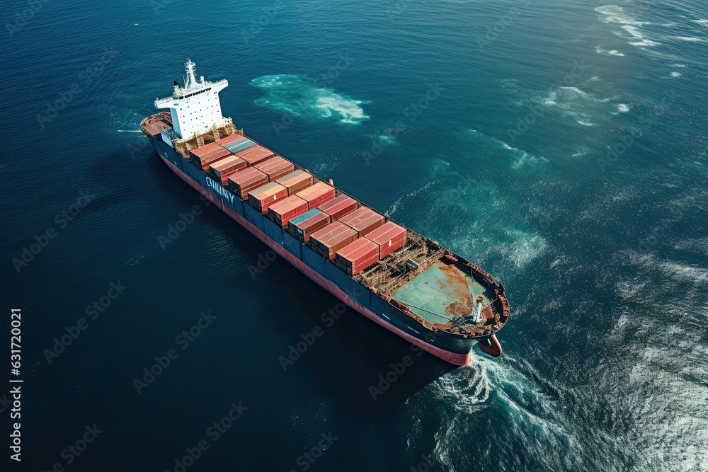 Poster aerial view of cargo ship with container sailing in the sea. aerial view of cargo ship in the ocean.