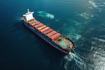 Aerial view of cargo ship with container sailing in the sea. Aerial view of cargo ship in the ocean. 3d rendering, AI Generated