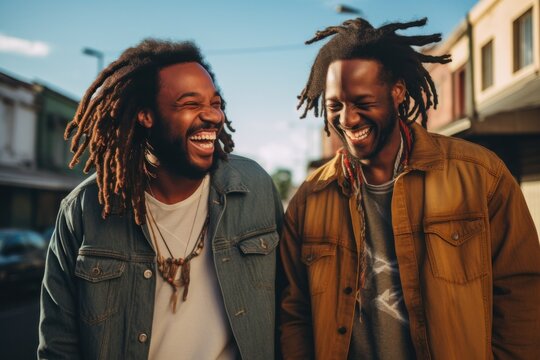 Two black men laughing outside with dreadlocks