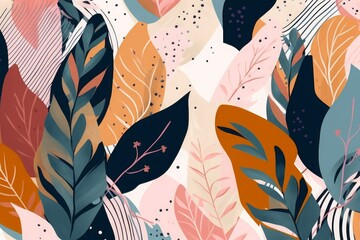 Modern exotic plants illustration pattern. Creative collage contemporary seamless pattern. Colorful graphic trendy style, Generative AI