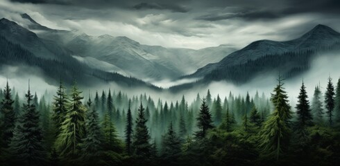 A dark forest landscape with trees and mist