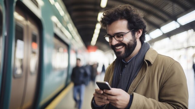 Happy young man with smartphone in subway