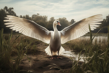 Image of white swan spreads its wings gracefully in a meadow in a marshy forest. Wildlife Animals. Illustration, Generative AI.
