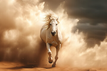 Obraz na płótnie Canvas Image of horse running in the middle of the desert in a violent sandstorm. Wildlife Animals. Generative AI. Illustration.