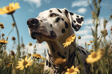 Image of dalmatian dog is in the garden with beautiful flowers in which the background is a bright sky. Pet. Animals. Generative AI. Illustration.