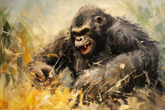 Beautiful painting of angry gorilla. Wildlife Animals. Illustration, Generative AI.