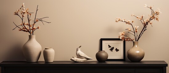 The minimalistic interior design has a stylish composition with a black commode, a vase containing dried flowers, a sculpture, and personal accessories. The beige wall serves as a backdrop for this