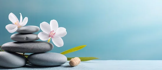 Fototapete Spa A tranquil spa and wellness concept with a pile of Zen stones, flowers, and towels placed on a light blue background with room for text. A calm and soothing treatment that promotes relaxation. A