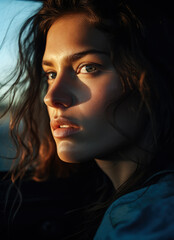 Close up of a beautiful young woman in her car at sunset. Generative AI.