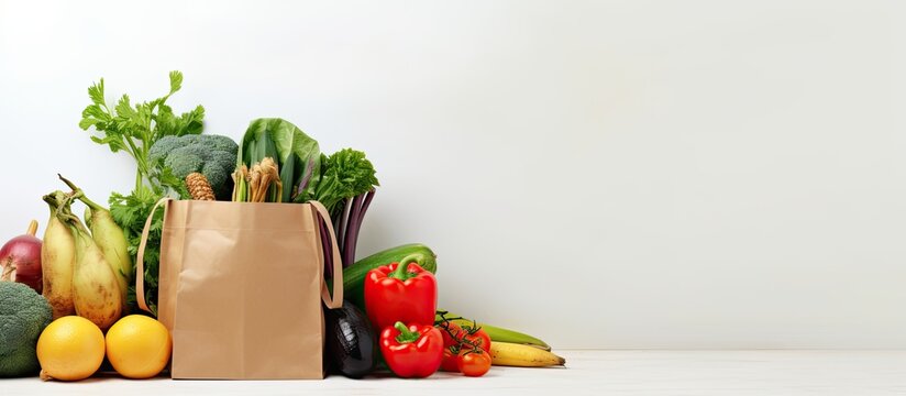 A background image depicting healthy vegan and vegetarian food packed in a paper bag with vegetables and fruits on a white surface. represents shopping for healthy food at a supermarket and promoting