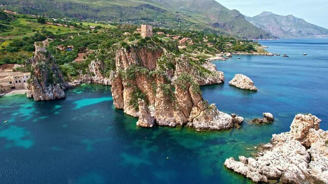 Aerial view of the sea stacks of Scopello. Sicily Italy