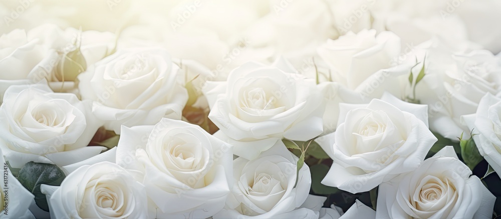 Poster a backdrop of white roses with a soft focus and copy space, perfect for a website header design.