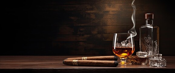 Cigar, whiskey glass, and bottle in a luxury club.