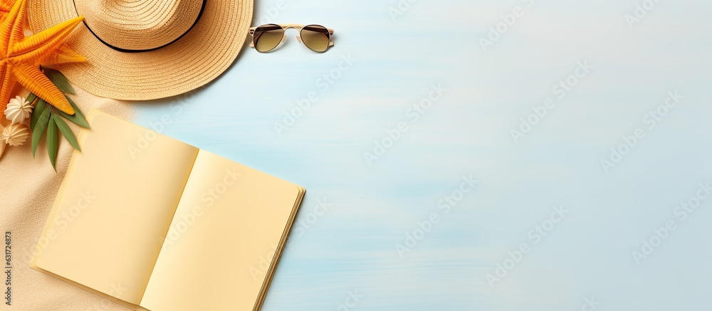 Poster A writing book with summer beach accessories on the background is shown in a flat lay style. copy space available for writing or adding any text.