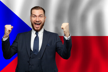 Czech happy businessman on the background of flag of Czech Republic Business, education, degree and...