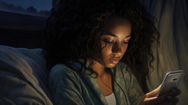 Close up portrait African American woman looking at phone while in bed
