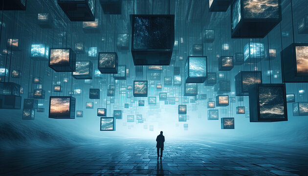Floating media screens that create an illusion between the digital and physical worlds