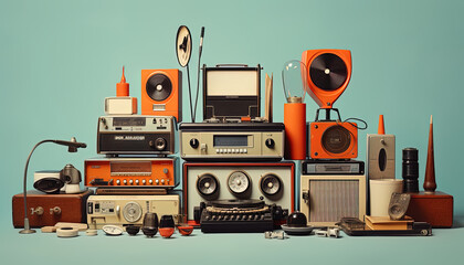 Illustration of a retro composition featuring a mix of vintage media devices