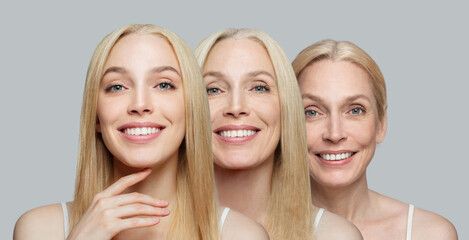 Aging concept. Attractive blonde woman 20, 50 and 65 years old