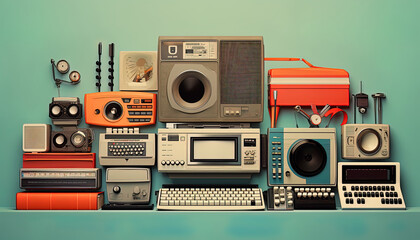 Illustration of a retro composition featuring a mix of vintage media devices