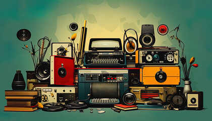 Illustration of a retro composition featuring a mix of vintage media devices