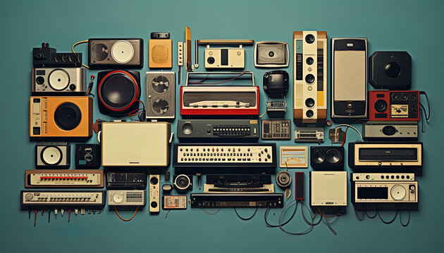 Illustration of a retro composition featuring a mix of vintage media devices