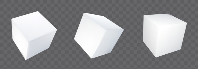 3d white cube box isolated vector. Blank paper solid shape perspective angle view set. Simple medicine or cosmetic side gift container rotate collection. Realistic product package render design.