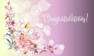 Congratulation greeting card template with gradient pink background, flowers and splash light bubbles.