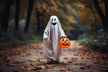 Fictional child dressed as a ghost made from a sheet and holding a basket of tikwi in the form of a jack-o-lantern. Holiday Halloween.