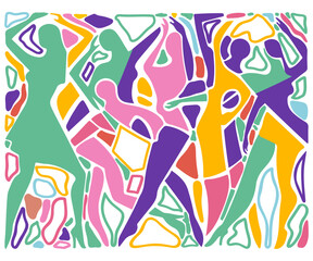 Abstract illustration of silhouettes of people and various shapes background