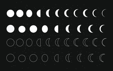 Vector illustration of moon shapes on a dark background, filled in white and outlined © Udayakumar