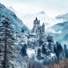 Ancient castle, on the background of alpine rocks, high towers with sharp spiers, among snowy trees, white and gray-blue tones - obrazy, fototapety, plakaty