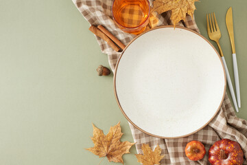 Fall-themed table setup idea. Top view photo of plate, cutlery, glass, tablecloth, autumnal...