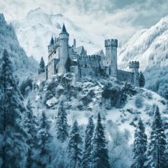 Fototapeta na wymiar Ancient castle, on the background of alpine rocks, high towers with sharp spiers, among snowy trees, white and gray-blue tones