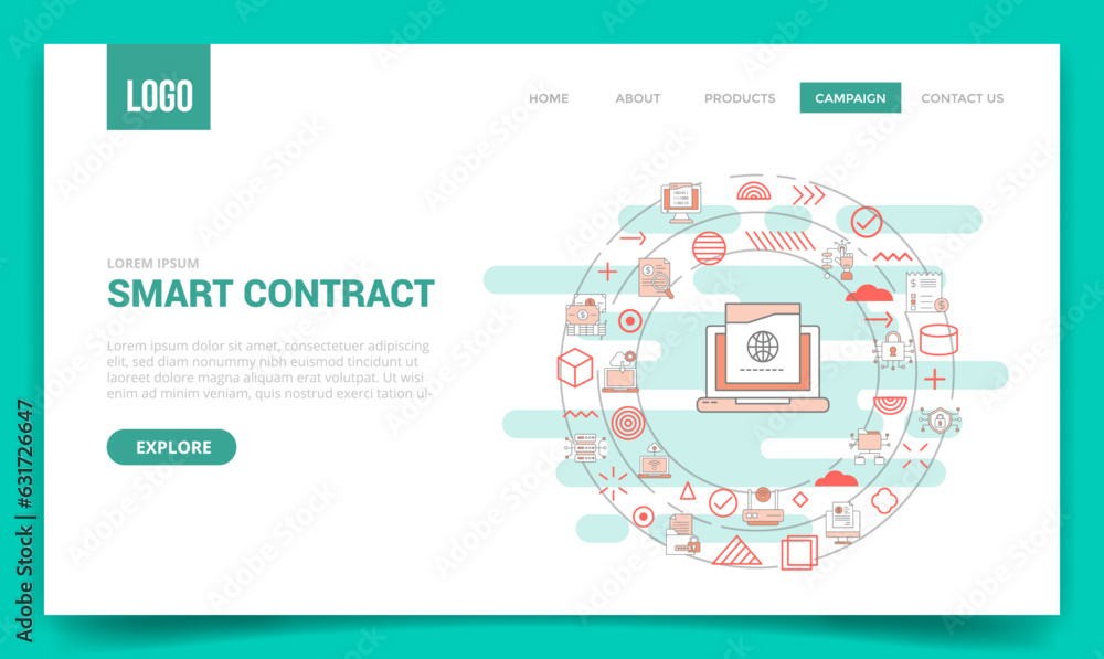 Poster smart contract concept with circle icon for website template or landing page homepage