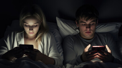 Couple Couple with smartphones in their bed. Mobile phone addiction. Bored distant couple ignoring each other lying in bed at night while using mobile phones. - obrazy, fototapety, plakaty