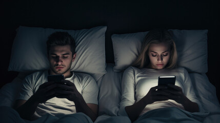 Couple Couple with smartphones in their bed. Mobile phone addiction. Bored distant couple ignoring each other lying in bed at night while using mobile phones. - obrazy, fototapety, plakaty