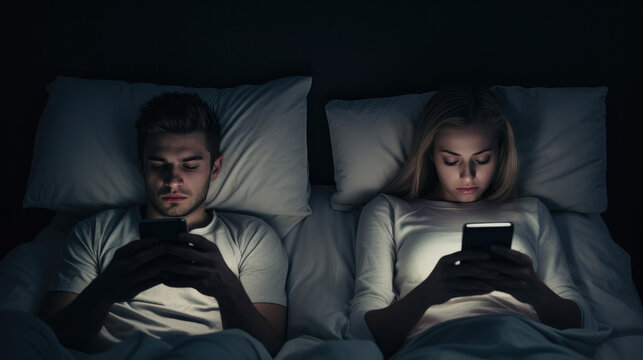 Couple Couple With Smartphones In Their Bed. Mobile Phone Addiction. Bored Distant Couple Ignoring Each Other Lying In Bed At Night While Using Mobile Phones.