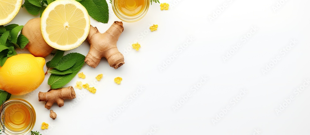 Poster ingredients for a ginger drink with lemon, honey, and lemon balm, a healthy food to enhance your imm