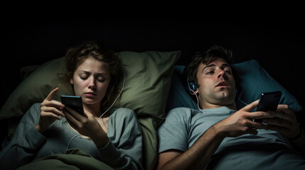 Fototapeta premium Couple Couple with smartphones in their bed. Mobile phone addiction. Bored distant couple ignoring each other lying in bed at night while using mobile phones.