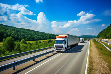 Trucks, lorries and traffic on newly laid highway, motorway
