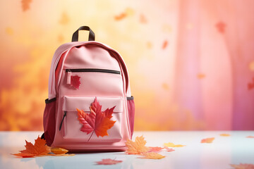 back to school: pastel color backpack with falling maple leaves
