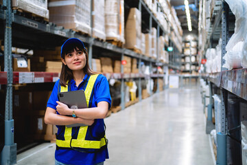 Portrait Female warehouse worker checking goods on a shelf. Import and export of goods concept.