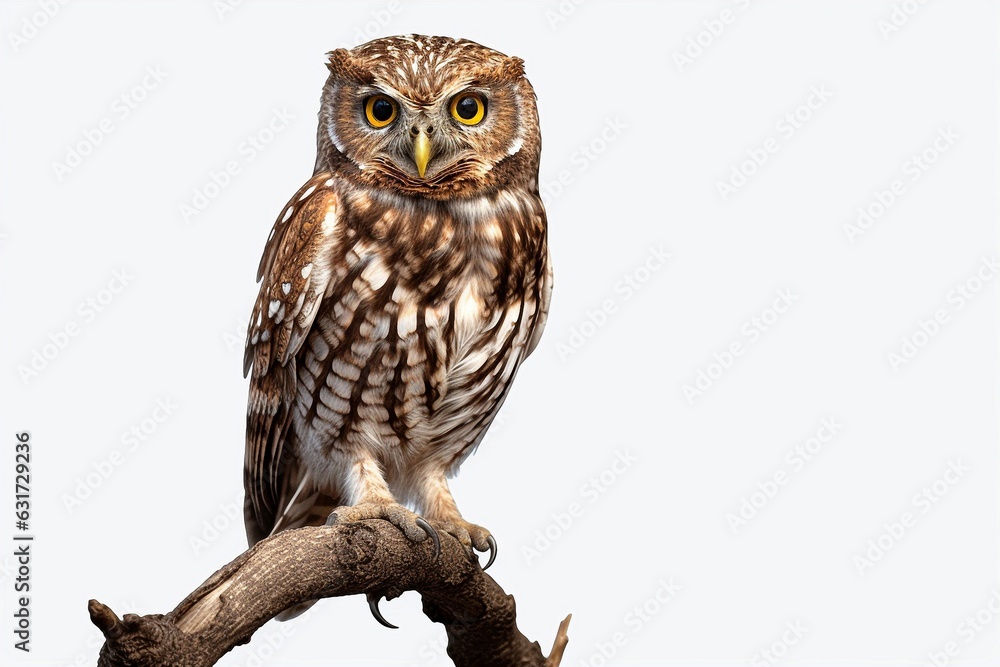 Poster owl sits on a branch isolated on white background.