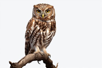 Obraz premium owl sits on a branch isolated on white background.