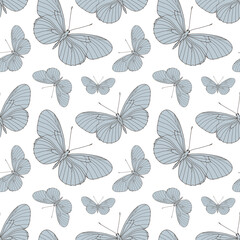 Fototapeta na wymiar Seamless pattern with blue butterflies on a white background. Pattern for children's and women's textiles, covers, backgrounds, wallpapers and cards