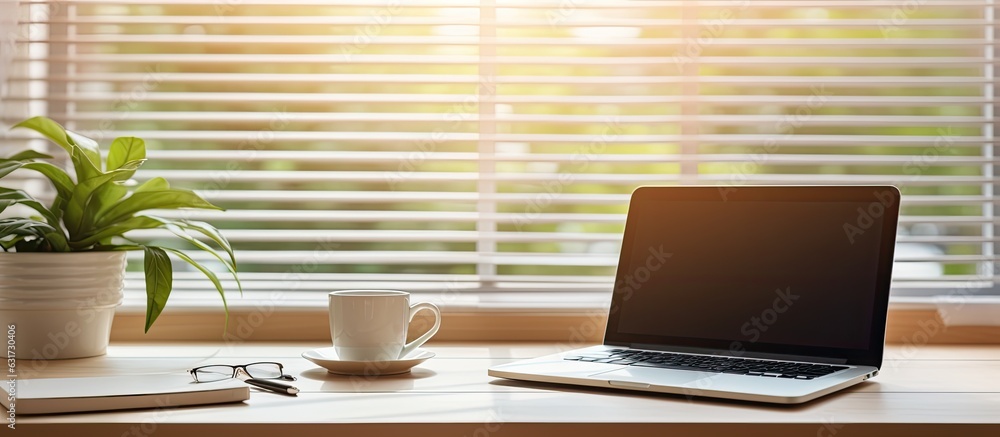 Aufkleber The Home Office Concept portrays a designated area for working from home, situated near a window. It features a modern laptop with a blurred screen and a glass cup of tea on the table. is a close-up