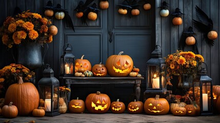 Halloween porch decorated with halloween pumpkins and other decorations, jack lantern, halloween concept.