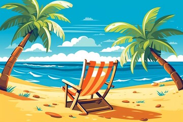 Fototapeta na wymiar Beach chair on the sand with palm trees, illustration.