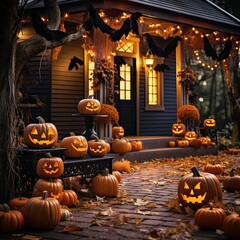 Halloween porch decorated with halloween pumpkins and other decorations, jack lantern, halloween concept.
